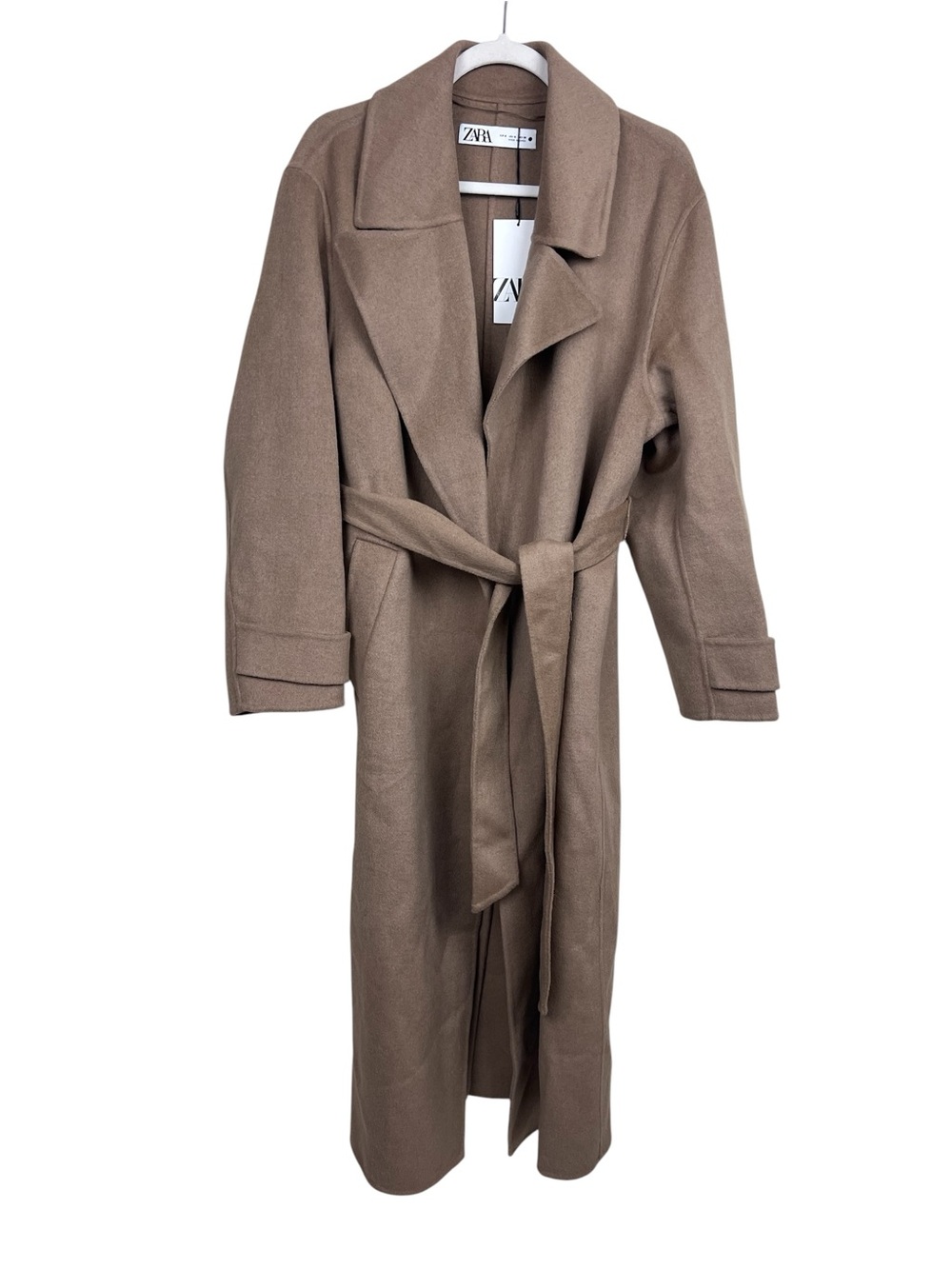 Zara Wool Blend Long Wrap Coat Camel Tan Size S Women’s - Picture 9 of 12